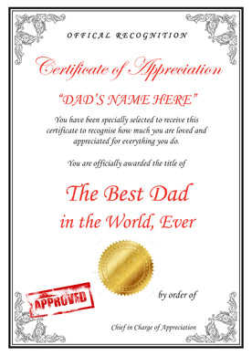 Personalised Appreciation Certificate A4 - Great Gift For Dad Father Mum Mother Nan Grandma Grandadd