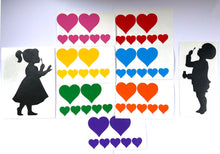 Load image into Gallery viewer, Girl and Boy Blowing Rainbow Heart Stickers - Create Window Wall Glass Display 7 Colours