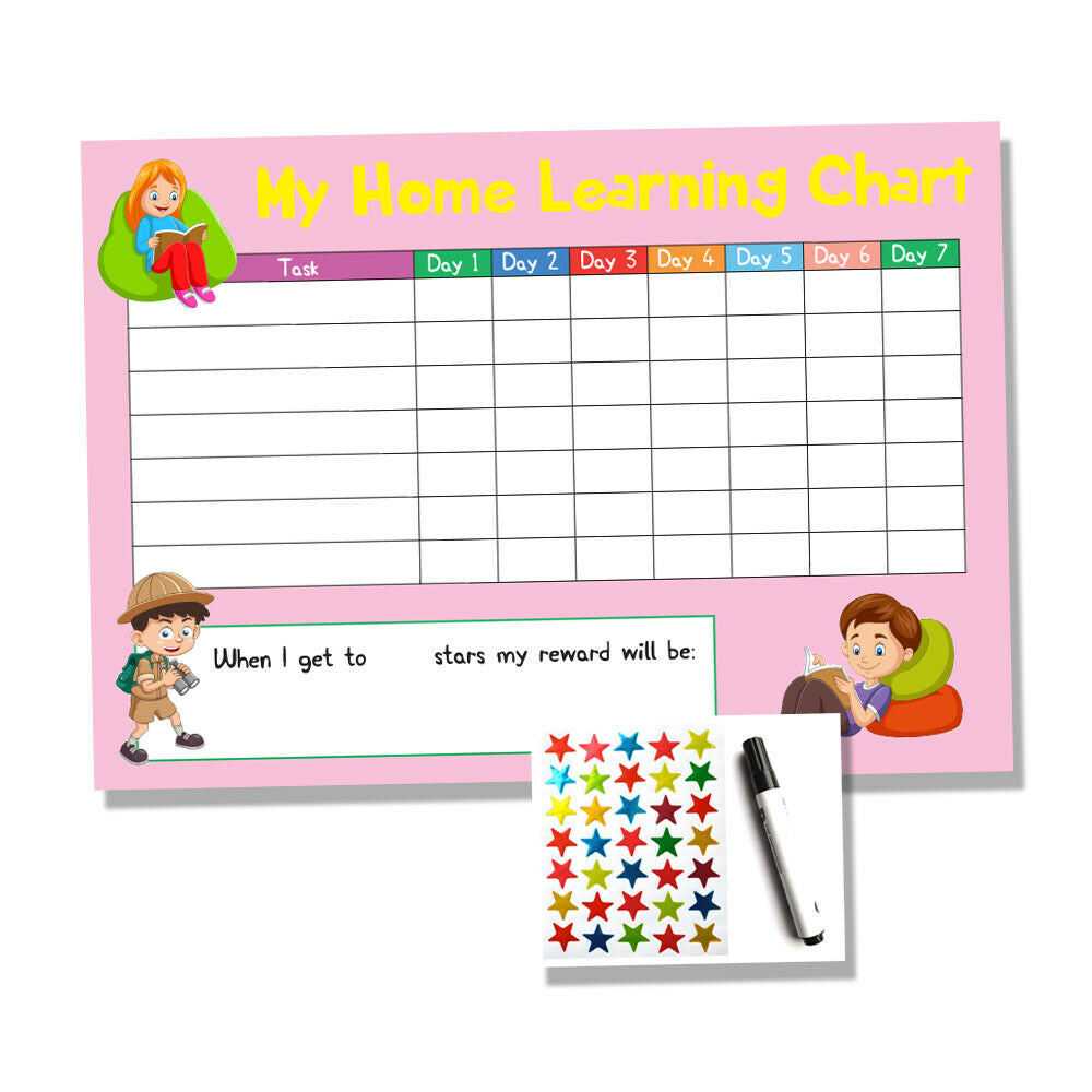 Pink Childrens Kids Home Learning Reward Chart - Daily Routine - Wipe Clean