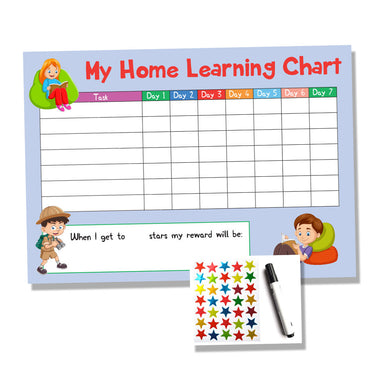 Blue Childrens Home Learning Reward Chart - Daily Routine - Wipe Clean