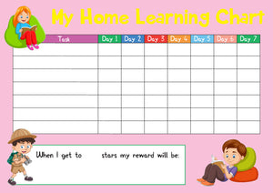 Pink Childrens Home Learning Reward Chart - Daily Routine - Wipe Clean