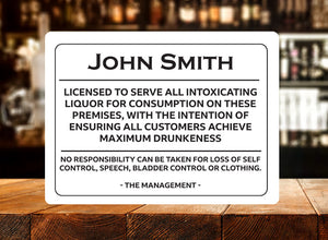 Personalised White Aluminium Bar Pub Man Cave Sign - Joke License