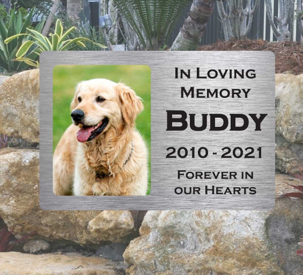 Custom Pet Memorial Plaque with Photo - Personalised Grave Marker in Brushed Aluminum for Outdoor Use