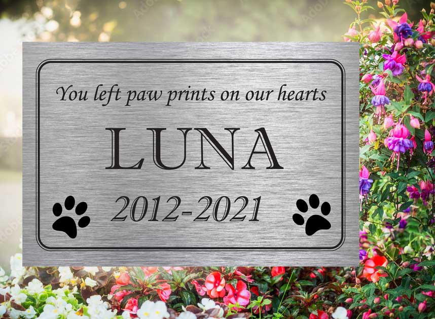 Pet Memorial Plaque - Paw Prints on our Hearts - Personalised Grave Marker in Brushed Aluminum for Outdoor Use