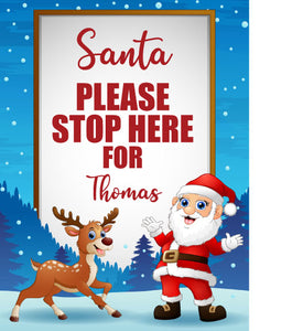 Santa Stop Here - Santa and Reindeer - Personalised Sign - Red