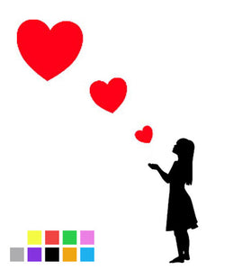 Young Girl Blowing Three Heart Stickers - Create Window Wall Glass Display - 7 Colours