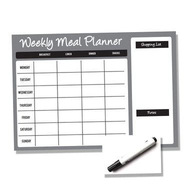 Weekly Wipe Clean Metal A4 or A3 Meal / Food Planner - Black and Grey