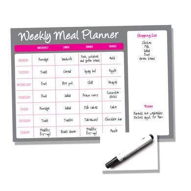 Weekly Wipe Clean Metal A4 or A3 Meal / Food Planner - Pink and Grey