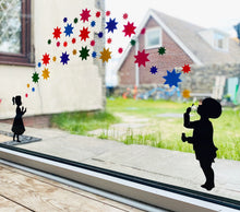 Load image into Gallery viewer, Girl and Boy Blowing Rainbow Starburst Stickers - Create Window Wall Glass Display 7 Colours