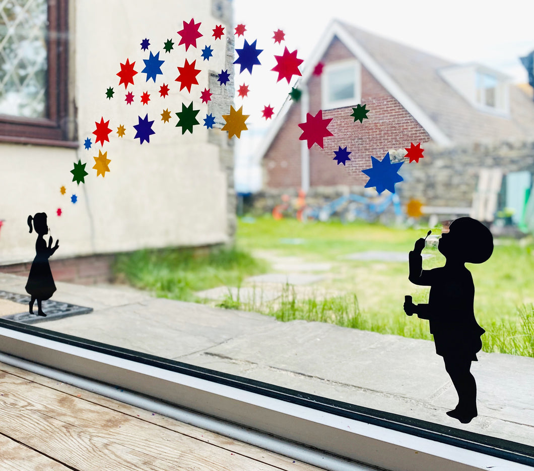 Girl and Boy Blowing Rainbow Starburst Stickers - Create Window Wall Glass Display 7 Colours