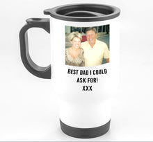 Load image into Gallery viewer, Personalised Photo Travel Mugs With Text
